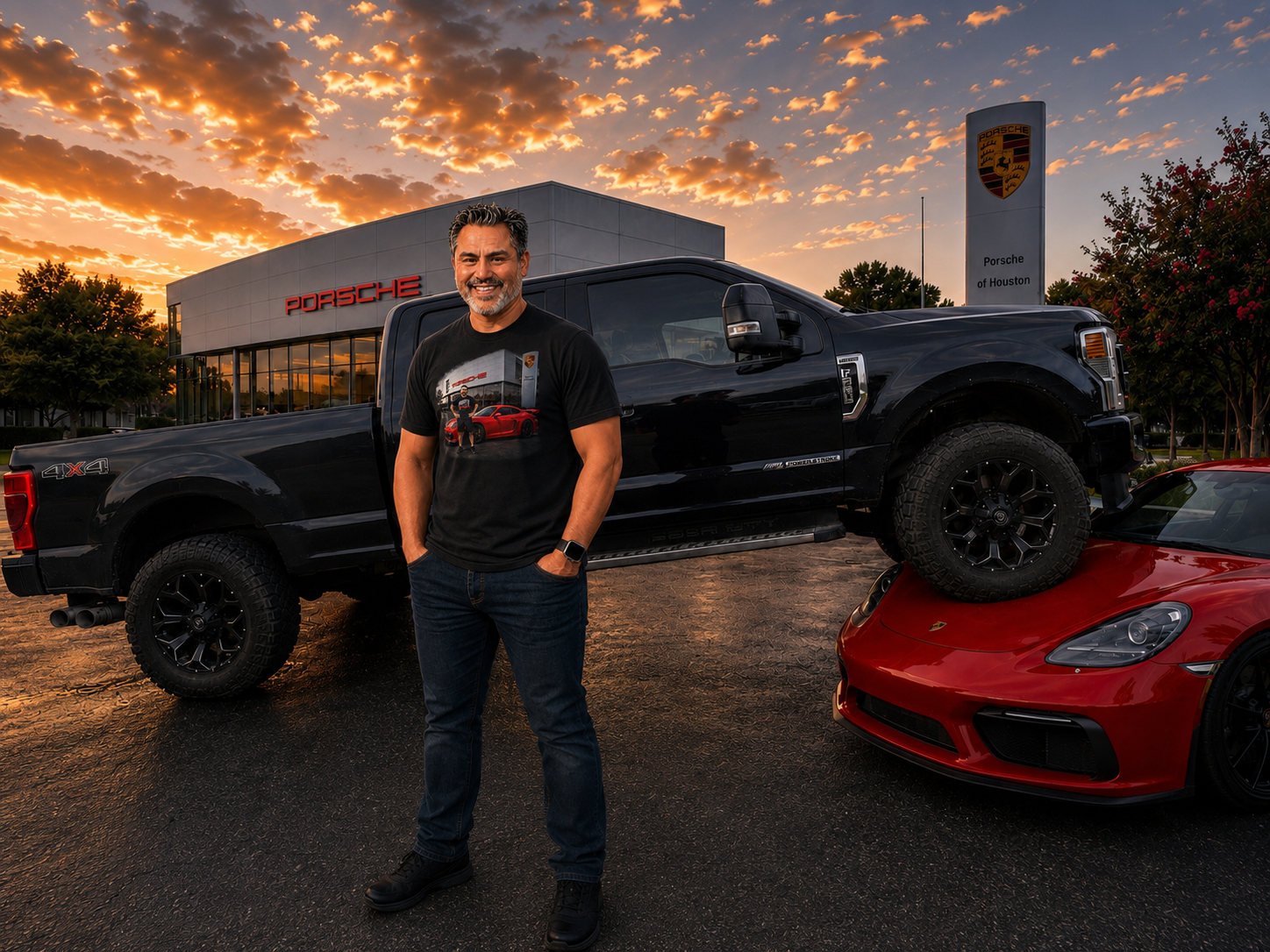 Jim in front of a huge Ford truck parked over a red Porsche